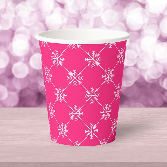 Pink Snowflakes Diagonal Square Pattern Paper Cups (Creator Uploaded)