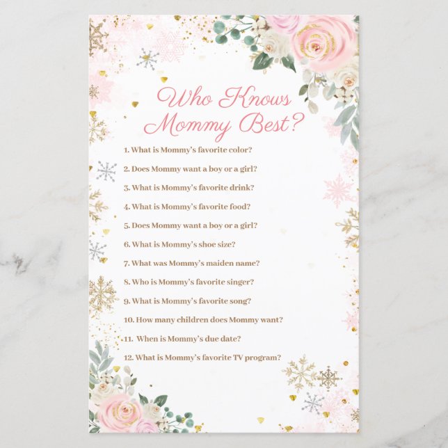 Pink Snowflakes Floral Who Knows Mummy Best Game (Front)