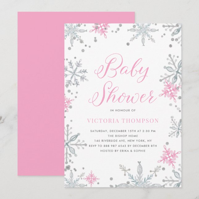 Pink Snowflakes Glitter Winter Baby Shower Invitation (Front/Back)