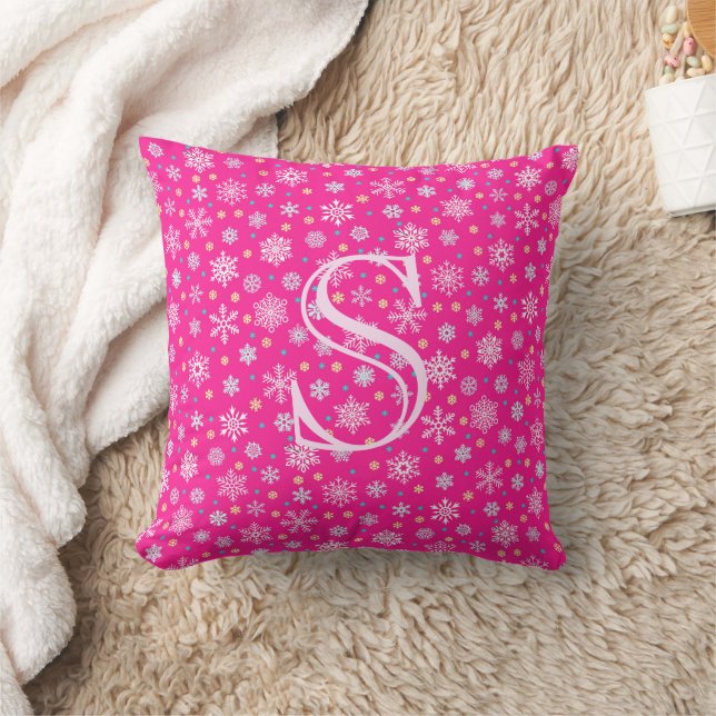 Pink Snowflakes Hot Pink Modern Elegant Monogram Cushion (Blanket)