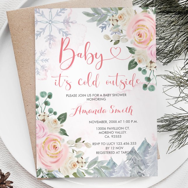 Pink Snowflakes It's Cold Outside Baby Shower Invitation (Creator Uploaded)