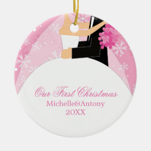Pink Snowflakes "Our First Christmas" Ceramic Ornament
