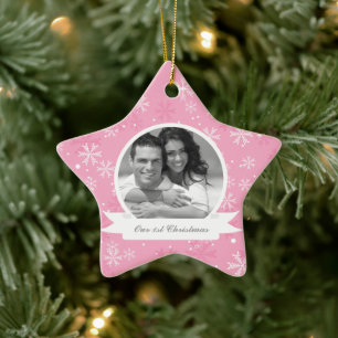 Pink Snowflakes Photo Ceramic Ornament