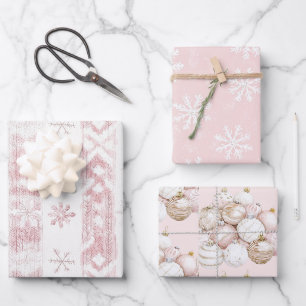 Pink Snowflakes Pretty Ornaments Christmas Wrapping Paper Sheet