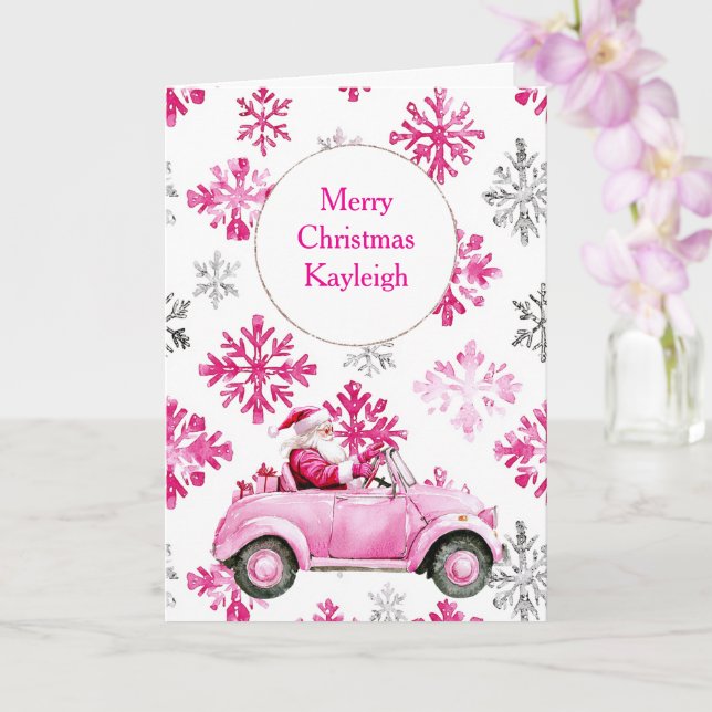 Pink Snowflakes Santa Car Card (Orchid)