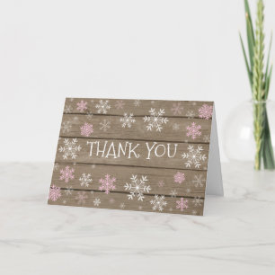 Pink Snowflakes Winter rustic wood Thank You Card