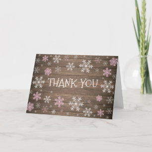 Pink Snowflakes Winter rustic wood Thank You Card