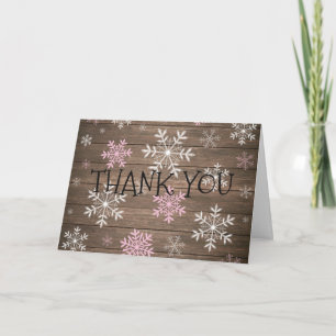 Pink Snowflakes Winter Rustic Wood Thank You Card