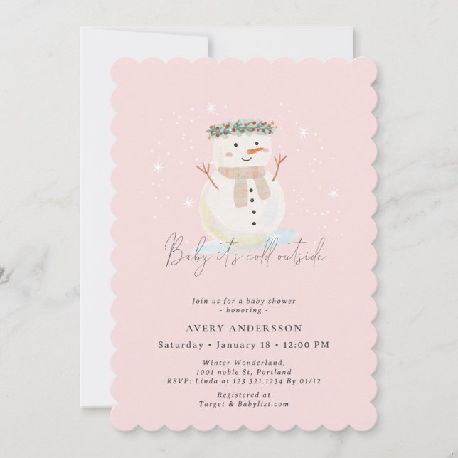 Pink Snowman Baby It's Cold Outside Baby Shower Invitation (Front)