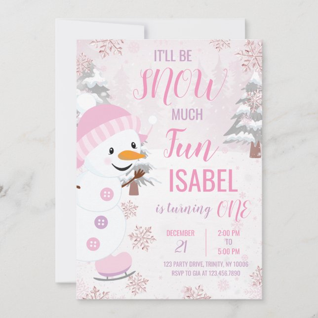 Pink Snowman Birthday Invitation (Front)