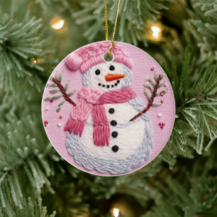 Pink Snowman Ceramic Ornament