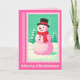 Pink Snowman Christmas Postage Stamp Holiday Card