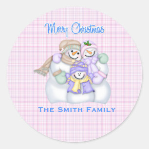 Pink Snowman Family Custom Christmas Holiday Classic Round Sticker