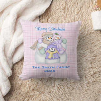 Pink Snowman Family Custom Christmas Holiday Cushion
