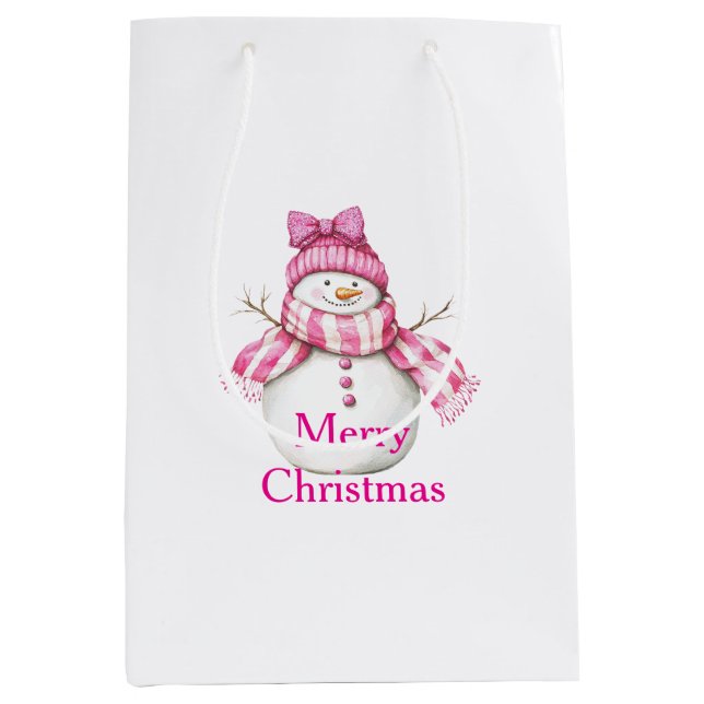 Pink Snowman Girl Christmas Medium Gift Bag (Front)