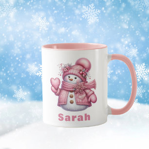 Pink Snowman Holding Sweet Heart Christmas Mug