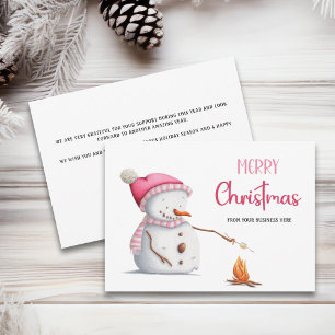 Pink Snowman Marshmallows Merry Christmas Business Holiday Card