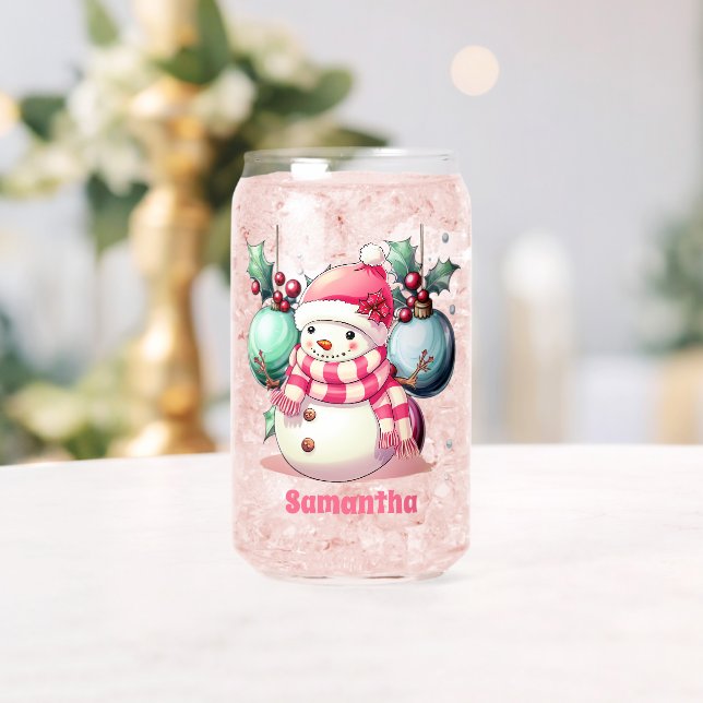 Pink Snowman Personalised Kids Hot Chocolate Can Glass (Insitu (Wedding))