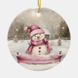 Pink Snowman Vintage Christmas Ceramic Ornament