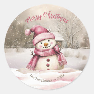 Pink Snowman Vintage Christmas Classic Round Sticker