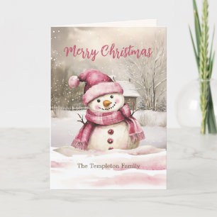 Pink Snowman Vintage Christmas Folded Holiday Card