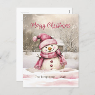 Pink Snowman Vintage Christmas Postcard