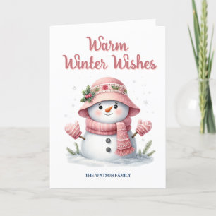 Pink Snowman Warm Winter Wishes   Holiday Card