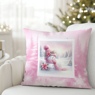 Pink Snowman Winter Forest Soft Kids Gift Cushion