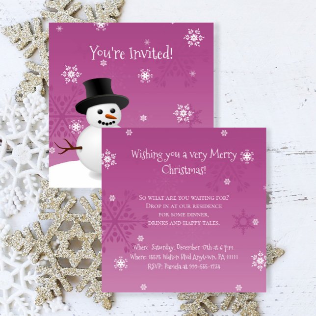 Pink Snowman Winter Scene Christmas Party Invitation (Pink Snowman Winter Scene Christmas Party Invitation)