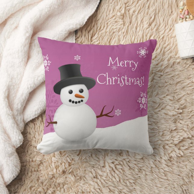 Pink Snowman Winter Scene Christmas Throw Pillow (Blanket)
