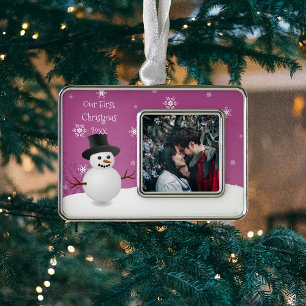 Pink Snowman Winter Scene Framed First Silver Plated Framed Ornament