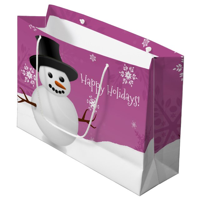 Pink Snowman Winter Scenery Christmas Gift Bag (Front Angled)