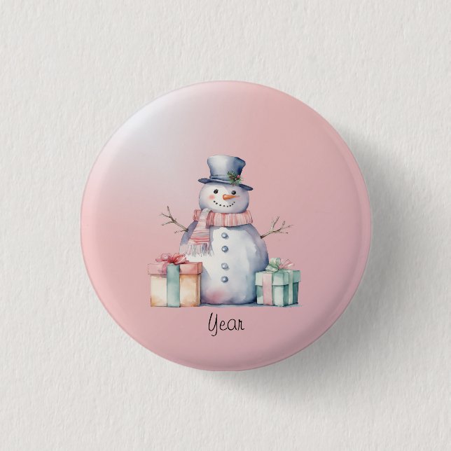 Pink Snowman with Packages Button (Front)