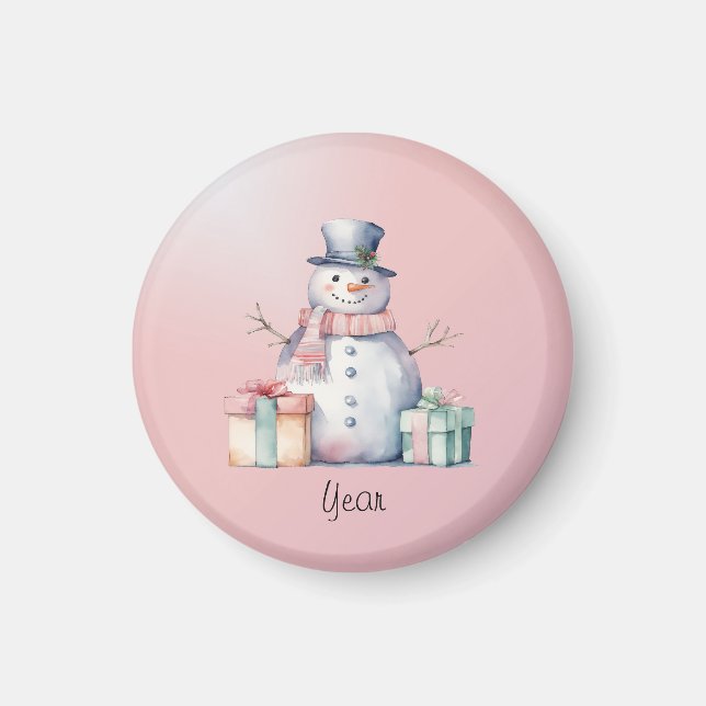 Pink Snowman with Packages Magnet (Front)