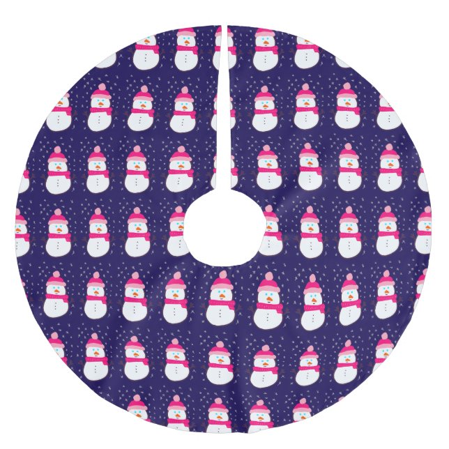 Pink Snowman with Snow Flurry  Brushed Polyester Tree Skirt (Front)
