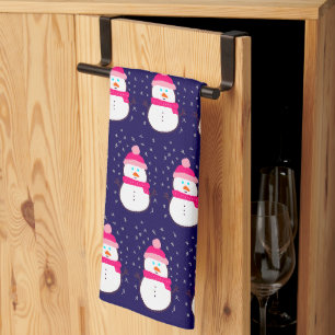 Pink Snowman with Snow Flurry Tea Towel