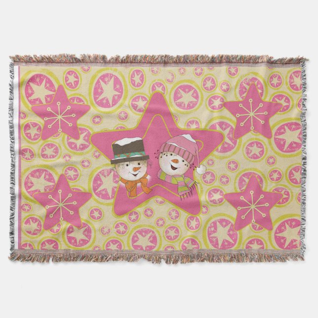 Pink Snowmen and Stars Holiday Throw (Front)