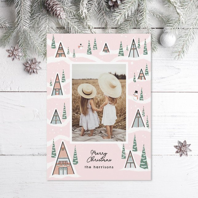 Pink Snowy A-Frames Winter Cabin Photo Holiday Card (Creator Uploaded)