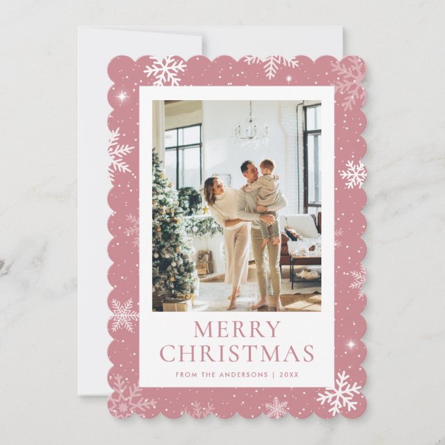 Pink Snowy Merry Christmas Snowflake Photo Holiday Card (Front)