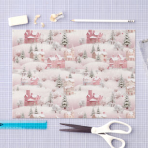 Pink Snowy Winter Village Christmas Scenery Tissue Paper
