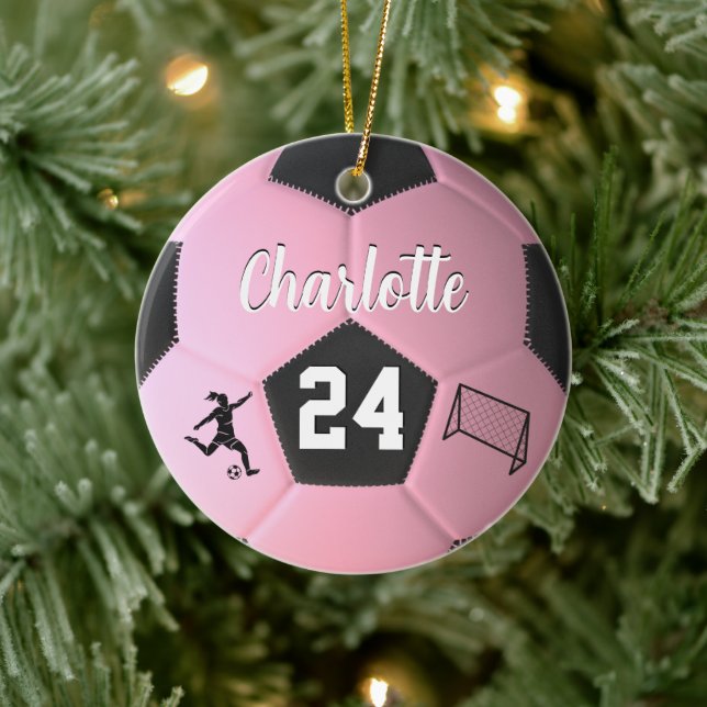 Pink Soccer Ball Girls Personalised Name Gift  Ceramic Ornament (Tree)