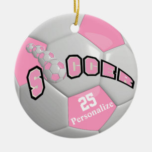 Pink Soccer Ball Personalise Ceramic Ornament