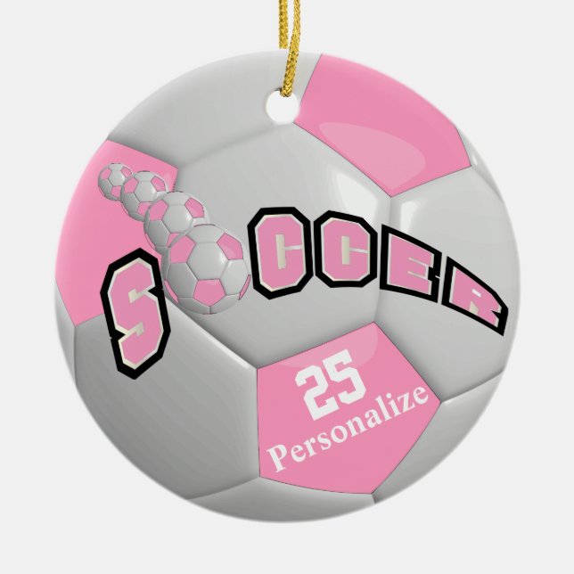 Pink Soccer Ball | Personalise Ceramic Ornament (Front)