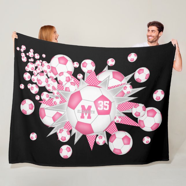 pink soccer balls stars girls sports decor fleece blanket (In Situ)