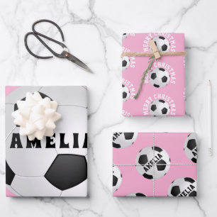 Pink Soccer Football Balls Kids Name Christmas Wrapping Paper Sheet
