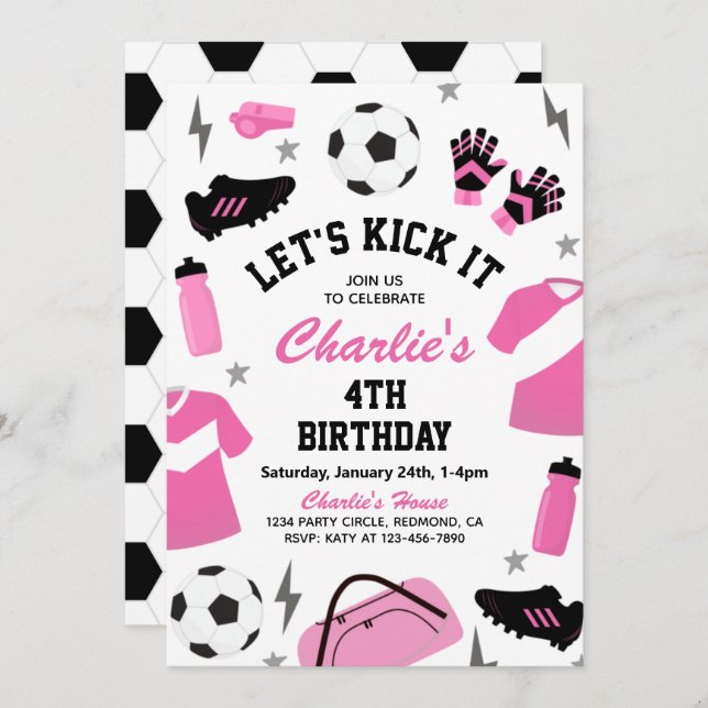 Pink Soccer Invitation | Soccer Party Invitations (Front/Back)