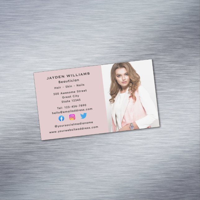 Pink Social Media Beautician Cosmetologist Photo Magnetic Business Card (In Situ)
