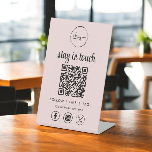 Pink Social Media QR Code Business Logo Pedestal Sign