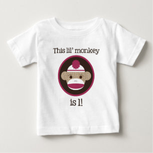 Pink Sock Monkey: First Birthday Baby T-Shirt