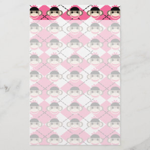Pink Sock Monkeys on Pink White Argyle Diamond Stationery